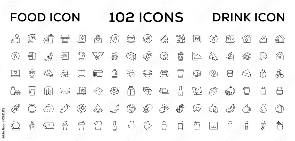 Food and drink icon collection set. Thin outline icons. Meat, milk, noodle, soup, bread, egg, cake, sweets, fruits, vegetables, drinks, nutrition, pizza, fish, sauce, cheese icon Food and drink icon collection set. Thin outline icons. Meat, milk, noodle, soup, bread, egg, cake, sweets, fruits, vegetables, drinks, nutrition, pizza, fish, sauce, cheese icon