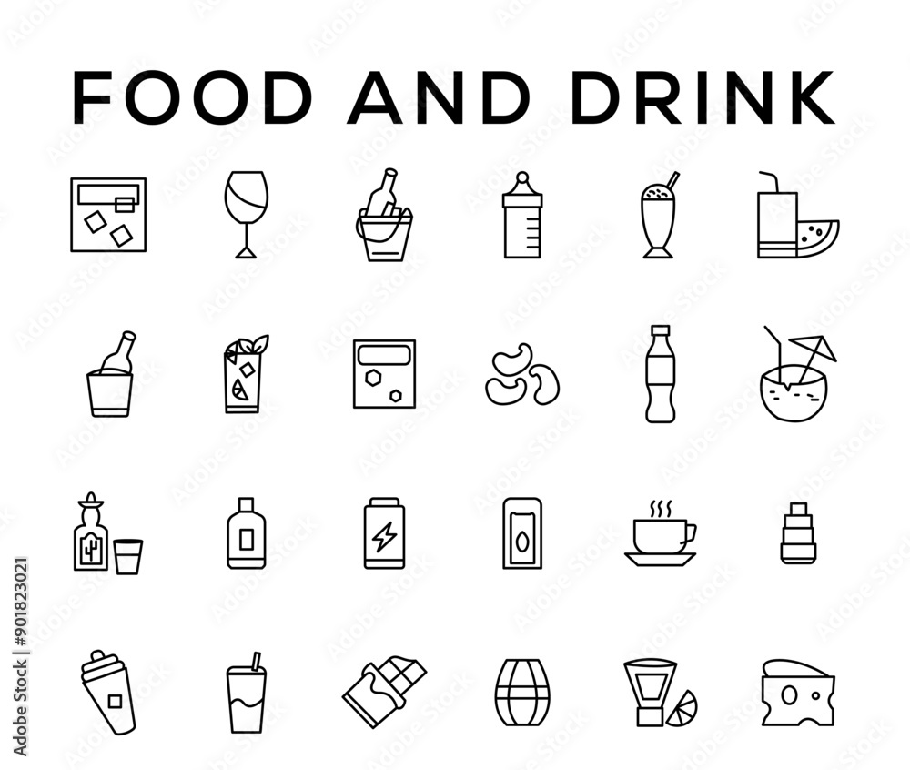 Food and drink icon collection set. Thin outline icons. Meat, milk, noodle, soup, bread, egg, cake, sweets, fruits, vegetables, drinks, nutrition, pizza, fish, sauce, cheese icon Food and drink icon collection set. Thin outline icons. Meat, milk, noodle, soup, bread, egg, cake, sweets, fruits, vegetables, drinks, nutrition, pizza, fish, sauce, cheese icon