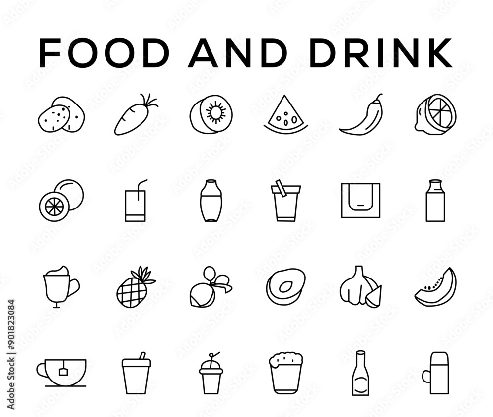 Fototapeta premium Food and drink icon collection set. Thin outline icons. Meat, milk, noodle, soup, bread, egg, cake, sweets, fruits, vegetables, drinks, nutrition, pizza, fish, sauce, cheese icon