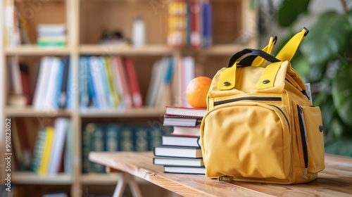 Ritorno al concetto di scuola. Borsa da scuola e libri sulla scrivania in una cameretta
 photo