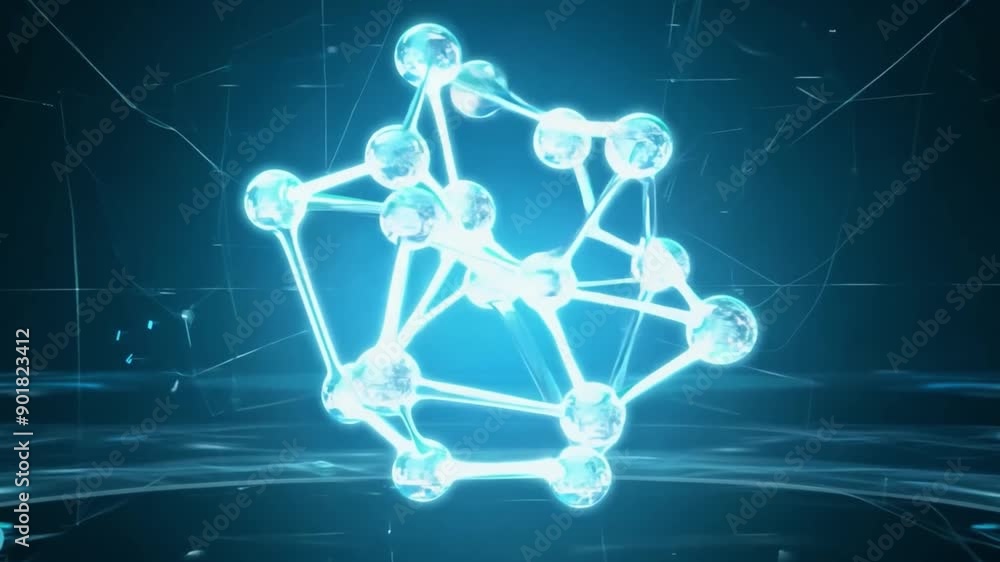 A blue, glowing, 3D geometric structure floats in the center of a digital screen, surrounded by blue lines that radiate outward.