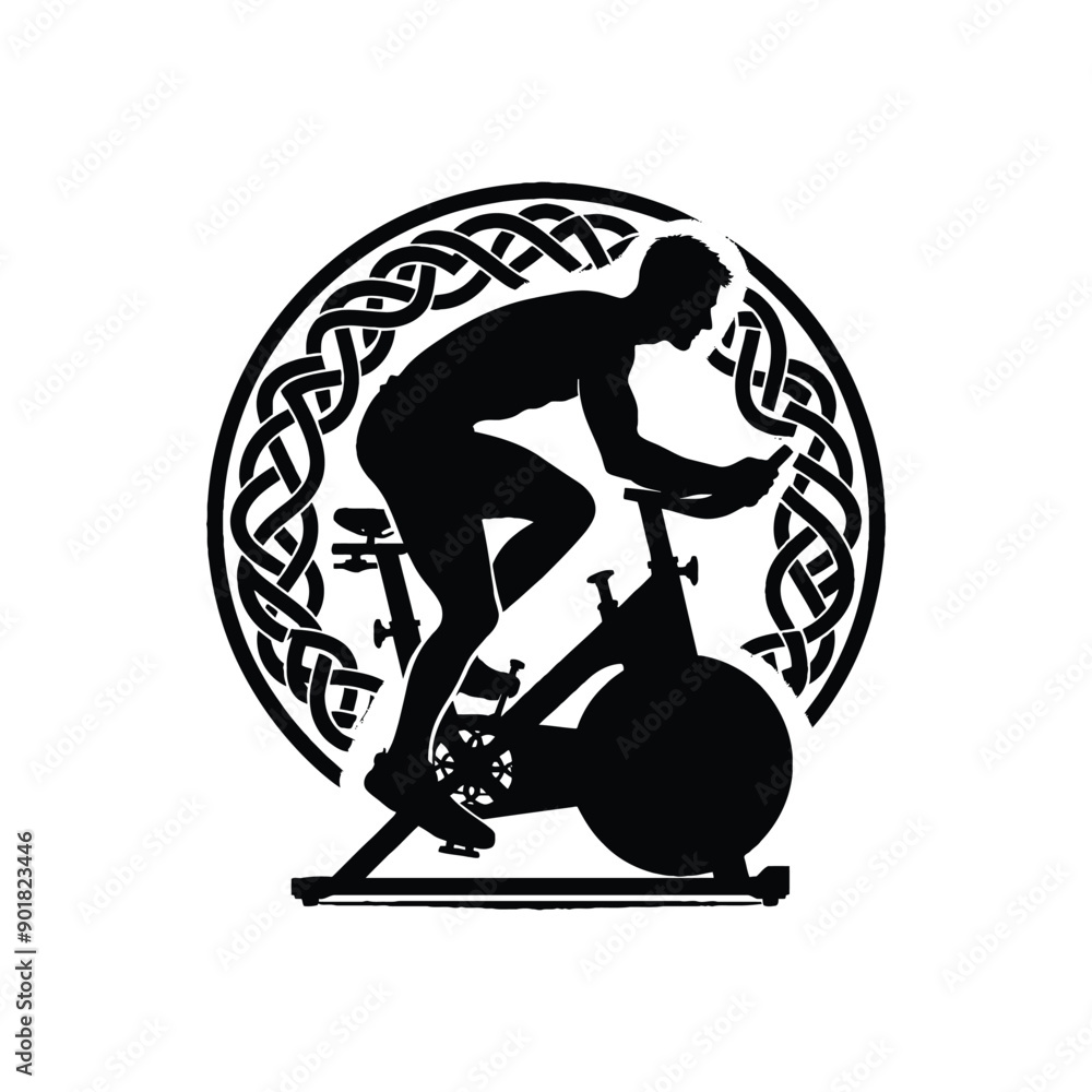 Fototapeta premium spinning bike exercise male player with celtic knot, nordic pattern illustration, emblem shield badge