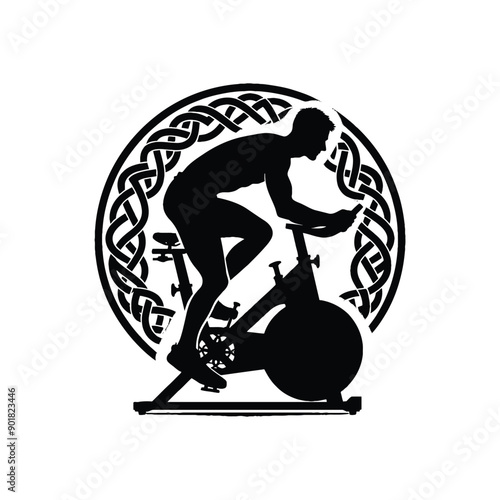 spinning bike exercise male player with celtic knot, nordic pattern illustration, emblem shield badge