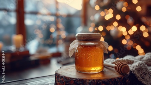 Glass jar of honey similar to jam jar without label close up with wooden honey spoon in a vintage living room Christmas setting complete with tree fireplace and forest view in the mountains photo