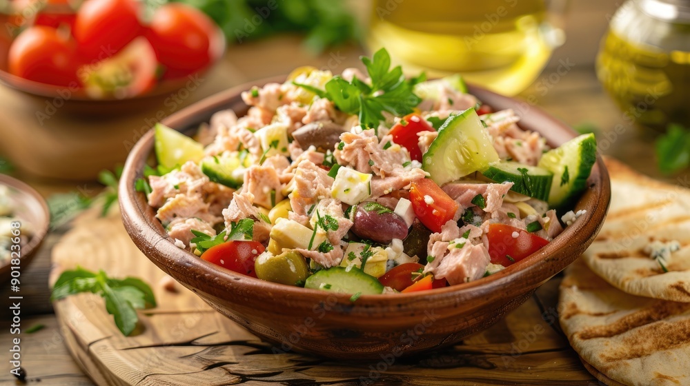 Tuna Greek Salad with Pita Bread on Wooden Table Tuna Greek Salad with Pita Bread on Wooden Table