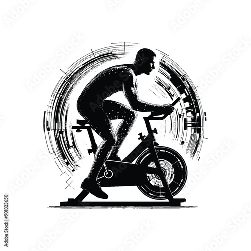 spinning bike exercise male player with cyberpunk, glitch pattern illustration, emblem shield badge