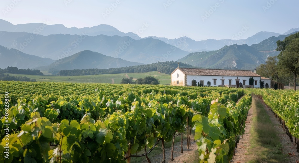 Naklejka premium Rural Farmhouse Amidst Vineyard Rows at Sunset
