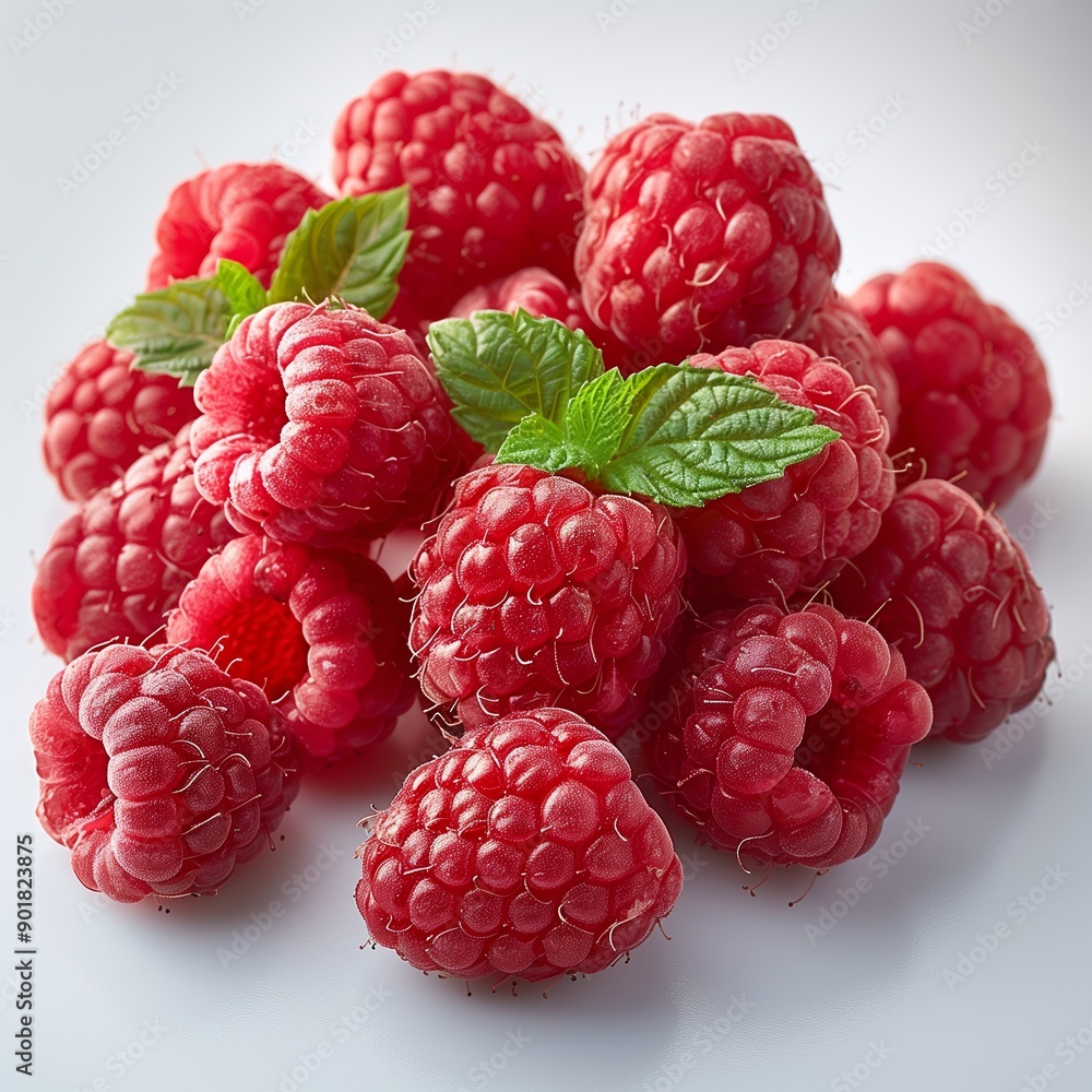 Close-Up of Fresh, Ripe Raspberries With Green Mint Leaves on White Surface Close-Up of Fresh, Ripe Raspberries With Green Mint Leaves on White Surface