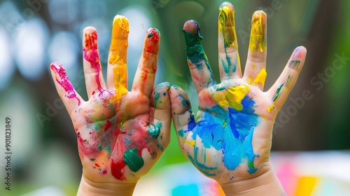 Mani di bambini colorate con colori brillanti. Concetto di creatività artistica