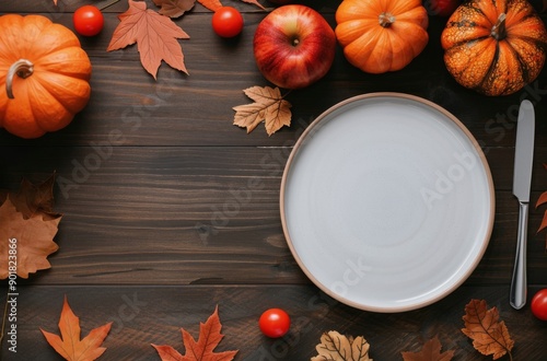 Fall Table Setting With Pumpkins and Leaves