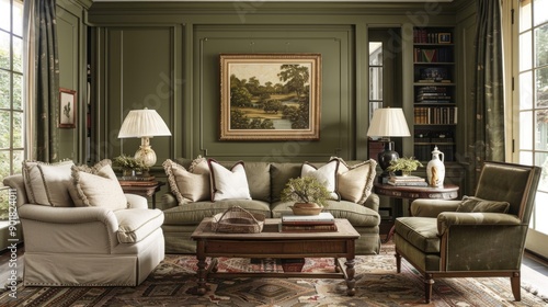 Living room with traditional decor featuring olive green walls
