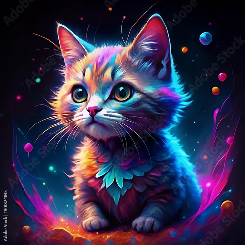 A cute kitten in neon and pop art style, against a black background and with explosions of colors