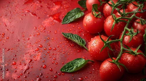ripe red tomatoes attached to the vine with fresh green leaves, all covered in water droplets against a vivid red backdrop, with copy space