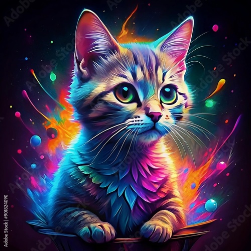 A cute kitten in neon and pop art style, against a black background and with explosions of colors