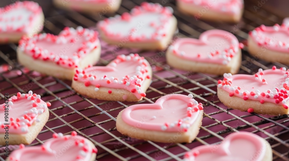 Valentine Cutout Cookies Fresh from the Oven Cooling on Rack for Frosting Valentine Cutout Cookies Fresh from the Oven Cooling on Rack for Frosting