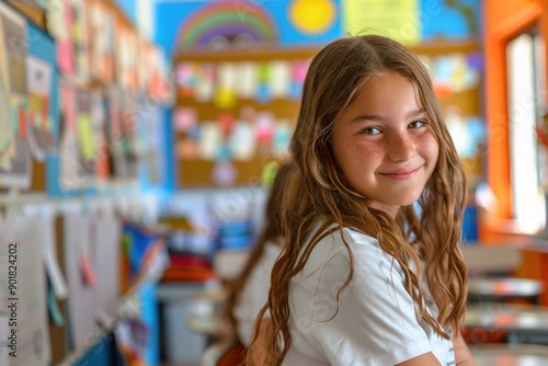 Happy schoolgirl smiling in classroom at elementary school