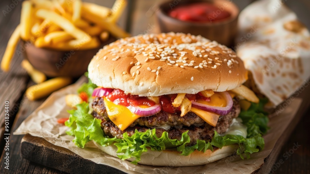 Cheeseburger with Tortilla and Fries in the Background Cheeseburger with Tortilla and Fries in the Background