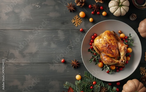 Roasted Chicken on a Wooden Table for Thanksgiving