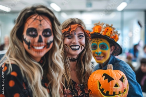 Happy friends wearing halloween costumes posing with carved pumpkin photo