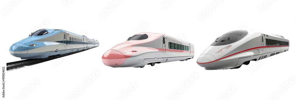 Modern High-Speed Trains on Transparent Background with Three Different Designs and Colors Modern High-Speed Trains on Transparent Background with Three Different Designs and Colors
