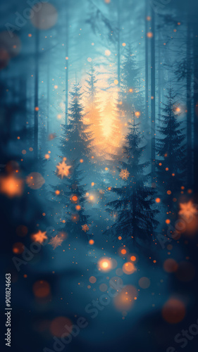 Digital forest with glowing Christmas lights