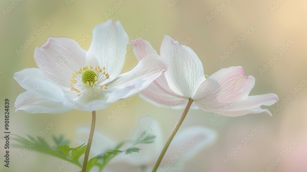 Two wood anemones intertwined in an embrace Close up of delicate white and pink wildflowers in soft focus Two wood anemones intertwined in an embrace Close up of delicate white and pink wildflowers in soft focus