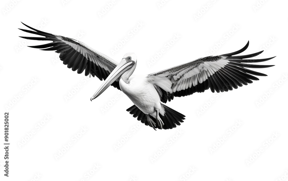 Fototapeta premium Black and white bird in mid-flight captured against a white background, ideal for dynamic bird photography and nature-themed artwork.