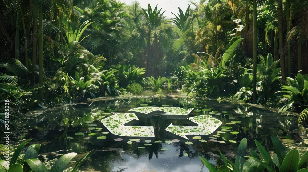 Artistic 3D rendering of a pond with a central recycling symbol, set within a dense, untouched jungle, capturing the essence of recycling and reuse. Artistic 3D rendering of a pond with a central recycling symbol, set within a dense, untouched jungle, capturing the essence of recycling and reuse.
