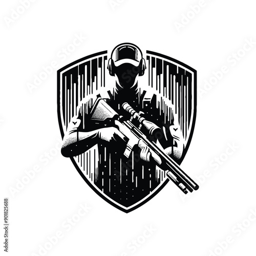 Sporting Clays sport male player with cyberpunk, glitch pattern illustration, emblem shield badge