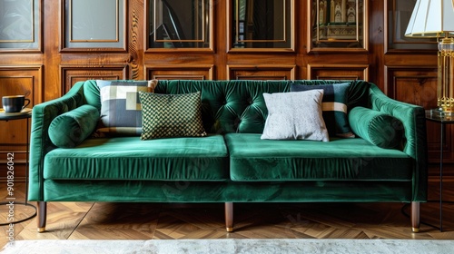 Luxurious Green Velvet Sofa with Stylish Pillows in Elegantly Designed Living Room