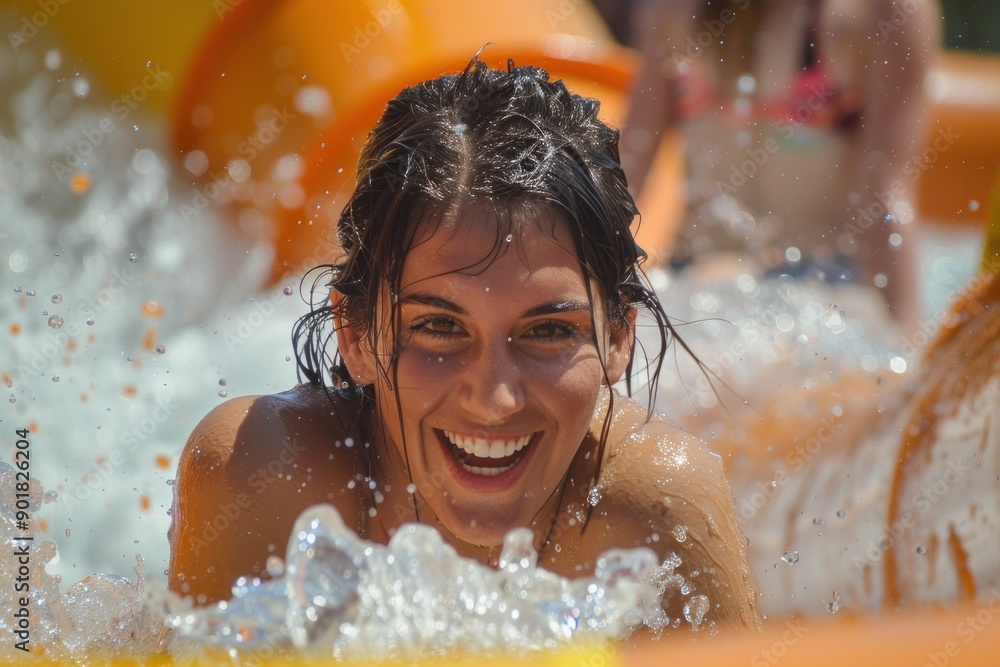 Obraz premium Young woman enjoying summer fun on water slide