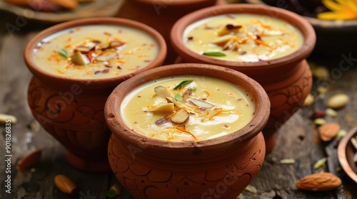 Fototapeta Naklejka Na Ścianę i Meble -  Almond Saffron Milkshake in Terracotta Glass Kerala India Traditional North Indian Kheer Drink Badam Lassi with Dry Fruits for Diwali and Ramadan