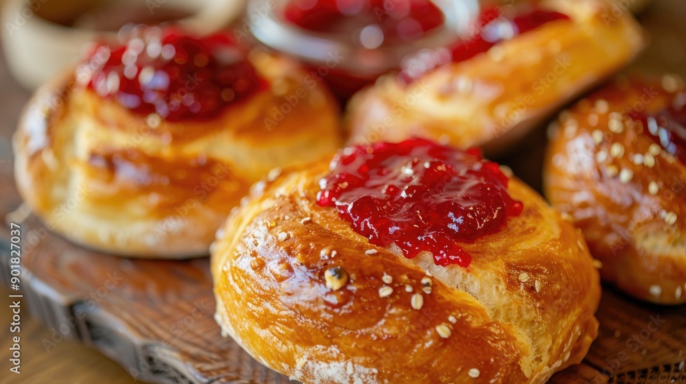 Danish bread with jam topping prepared for serving at a meeting Danish bread with jam topping prepared for serving at a meeting