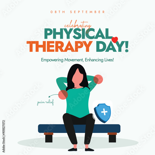 Physical therapy day. World Physical Therapy day celebration banner with a girl sitting on a bench doing stretching. The day is to raise awareness about the critical role of physical therapists.