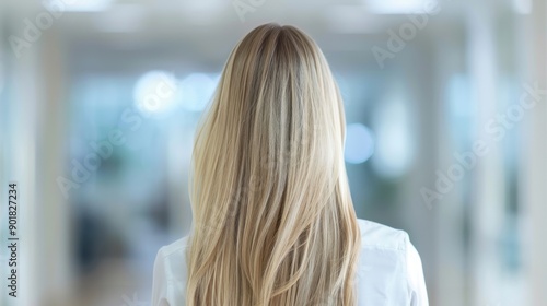 A woman with long blonde hair stands in a room