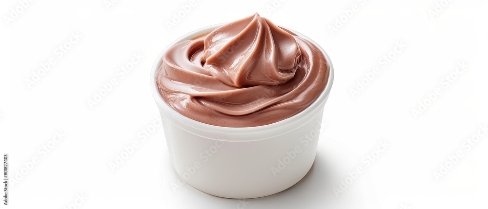 A white container with a brown frosting in it A white container with a brown frosting in it