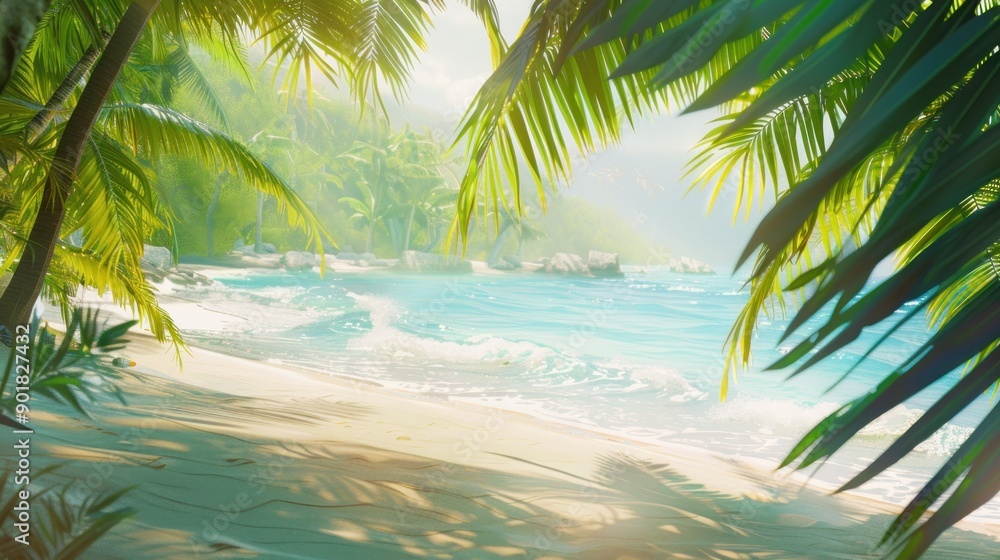Palm tree leaves frame a tropical beach scene, sunlight and waves. Palm tree leaves frame a tropical beach scene, sunlight and waves.