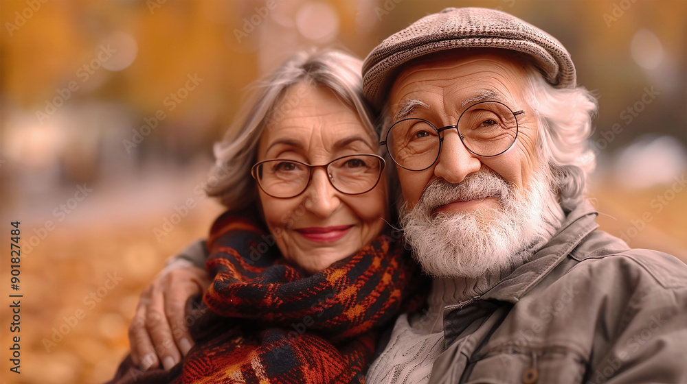retired elderly happy senior couple with a smile, sitting together outdoors during autumn. The woman with a colorful scarf, The man, with grey hair and glasses, is wearing a grey jacket and a flat cap retired elderly happy senior couple with a smile, sitting together outdoors during autumn. The woman with a colorful scarf, The man, with grey hair and glasses, is wearing a grey jacket and a flat cap