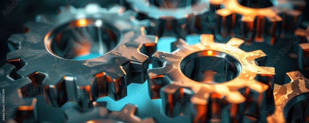 Fototapeta premium Artistic depiction of gears joining together, representing the integration of various business functions, with a polished and dynamic visual style.