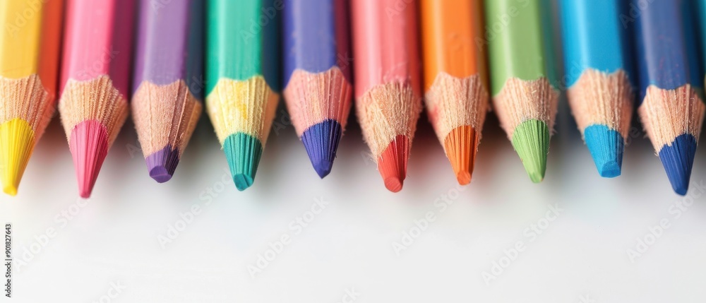 A row of colored pencils with the green one in the middle A row of colored pencils with the green one in the middle