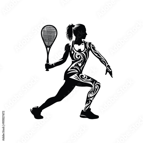 Squash sport female player with ethnic tribal tattoo, gothic, pattern illustration, emblem shield badge