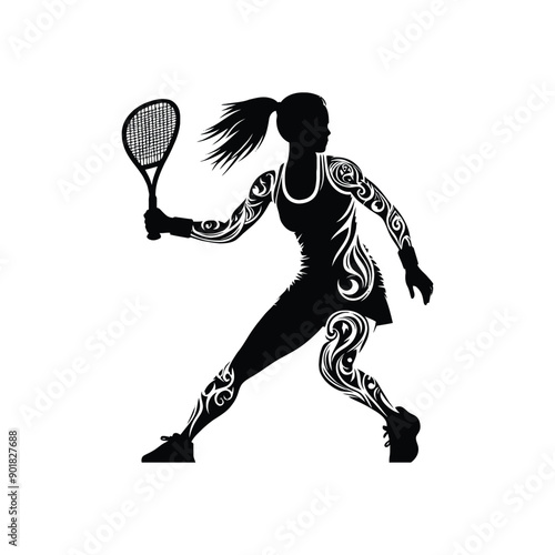 Squash sport female player with ethnic tribal tattoo, gothic, pattern illustration, emblem shield badge