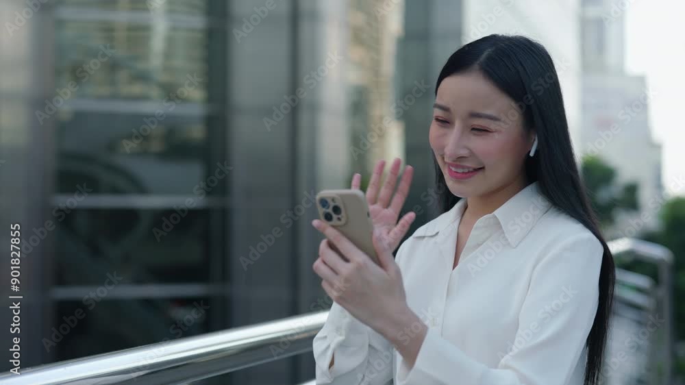 Smiling Beautiful Girl in Office Attire Talks on the Phone in Online Video Call. Remotely at Work Conference.