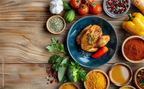 Roasted Chicken With Vegetables on Wooden Table