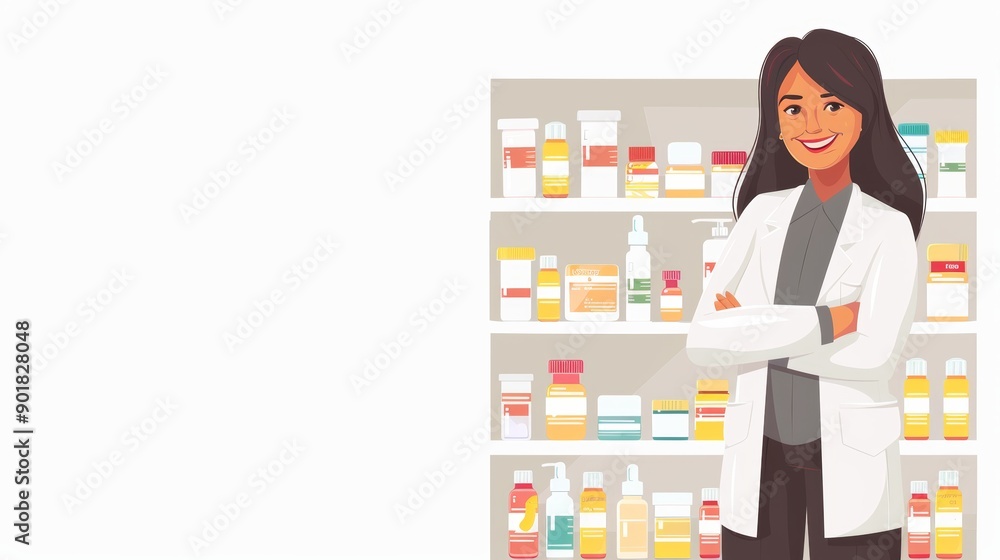 Cheerful Pharmacy Clerk with Health Products Display and Promotional Text Space - Ideal for Marketing and Design Cheerful Pharmacy Clerk with Health Products Display and Promotional Text Space - Ideal for Marketing and Design