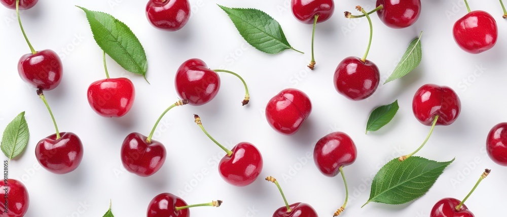 A close up of a bunch of cherries with green leaves A close up of a bunch of cherries with green leaves
