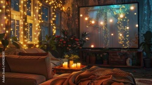 Living room interior with Christmas lights couch and projector screen