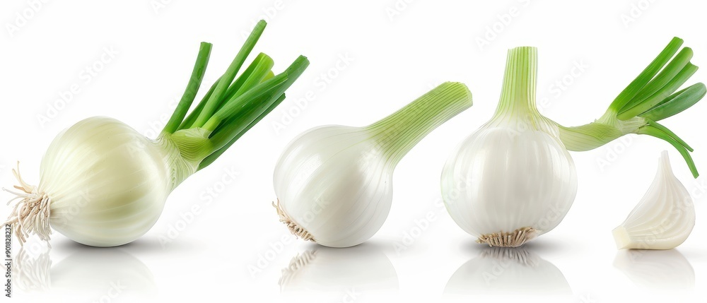 Four onions are shown in a row, with one of them cut in half Four onions are shown in a row, with one of them cut in half
