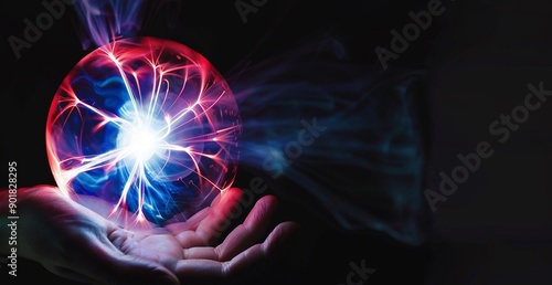 Plakat w ramie Mano che tiene una palla al plasma elettrica su uno sfondo nero, con effetti di luce e contrasti tra chiaro e scuro, blu brillante, rosso e viola