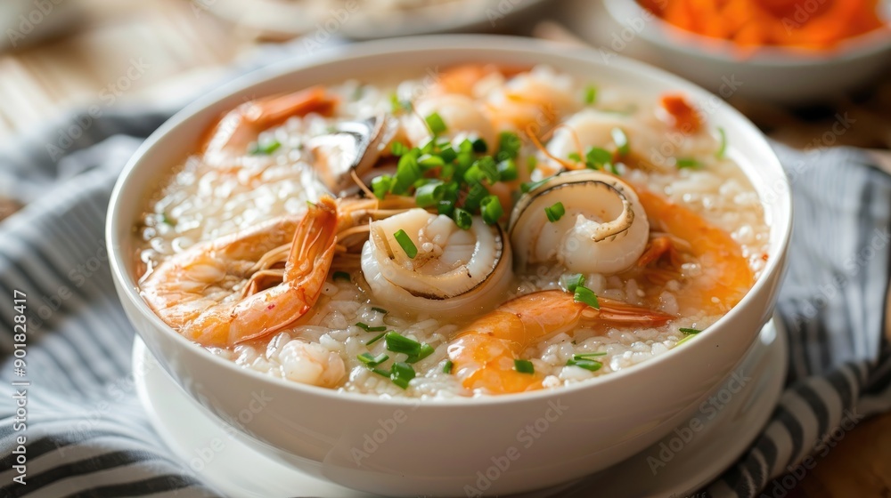 Seafood Congee Boiled Rice Soup with Sliced Fish Squid and Shrimp in a White Bowl Asian Breakfast Style